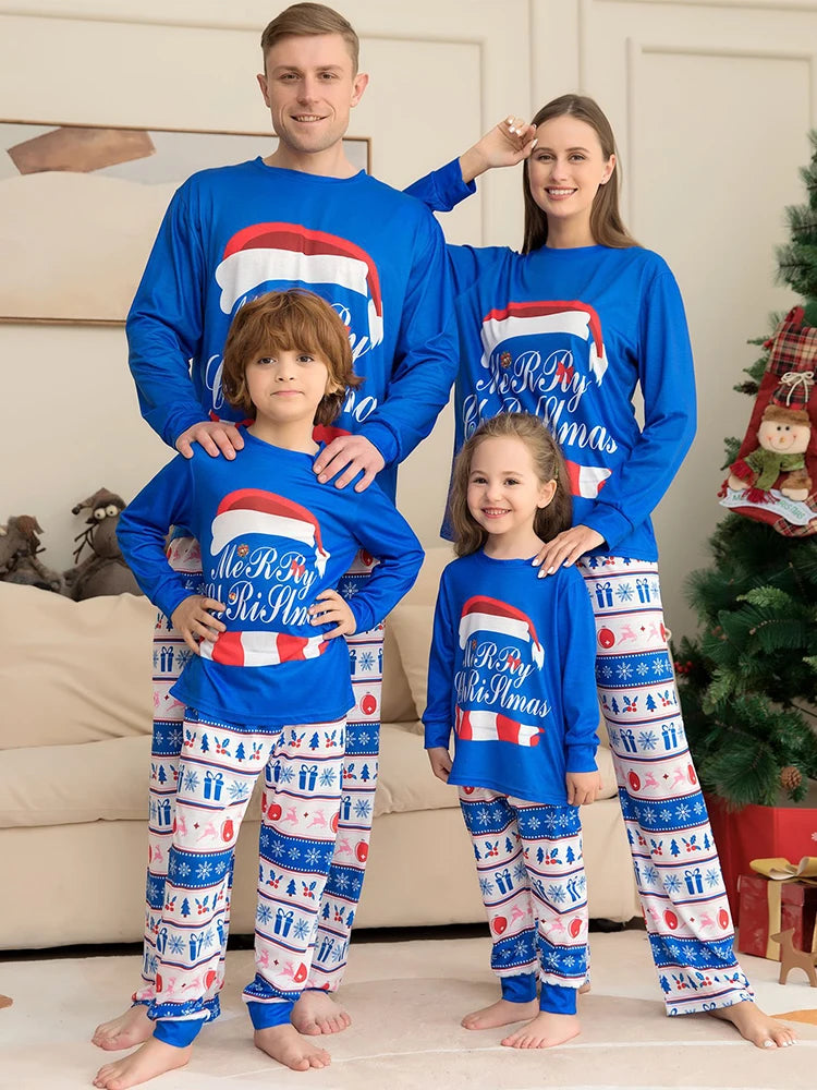 Blue Christmas Family Matching Pajamas Set Mother Father Kids christmas hat Print Clothes Baby Rompers Family Look Xmas Gift