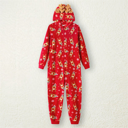 PatPat Christmas Family Matching Allover Deer Print 3D Antler Hooded Long-sleeve Red Thickened Polar Fleece Onesies Pajamas