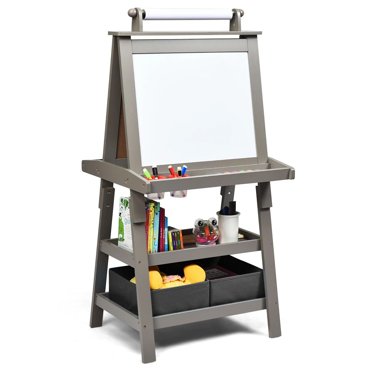 3 in 1 Double-Sided Storage Art Easel w/ Paint Cups for Kids Writing Earl Grey