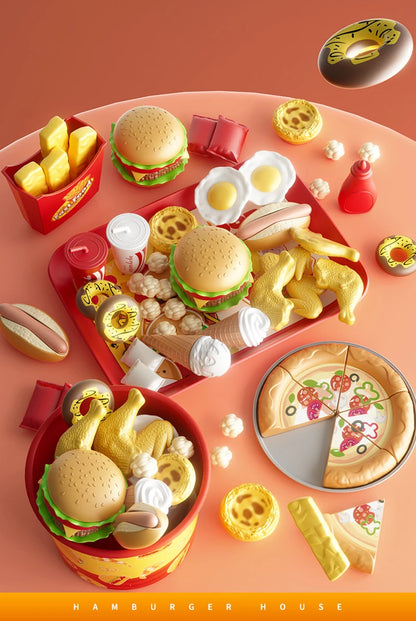 Kid Kitchen Toy Set Simulation Make Hamburger Pizza Fries Pretend Play Food Cooking Cutting Game Montessori Interactive Toy Gift