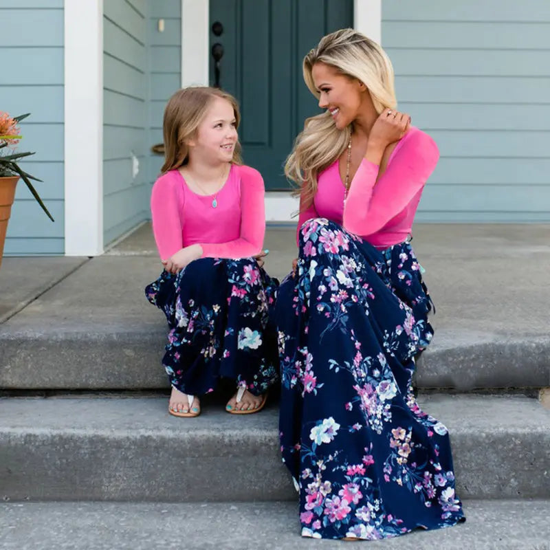 Mom Daughter Family Outfits Matching Mother Kids Dress Twining Mother Daughter Equal Patchwork Dress Same Clothes Baby Girl