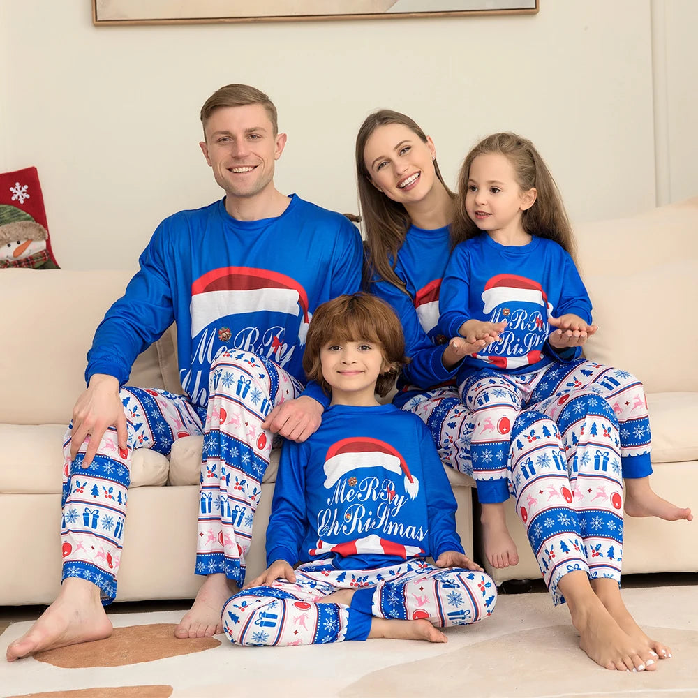 Blue Christmas Family Matching Pajamas Set Mother Father Kids christmas hat Print Clothes Baby Rompers Family Look Xmas Gift