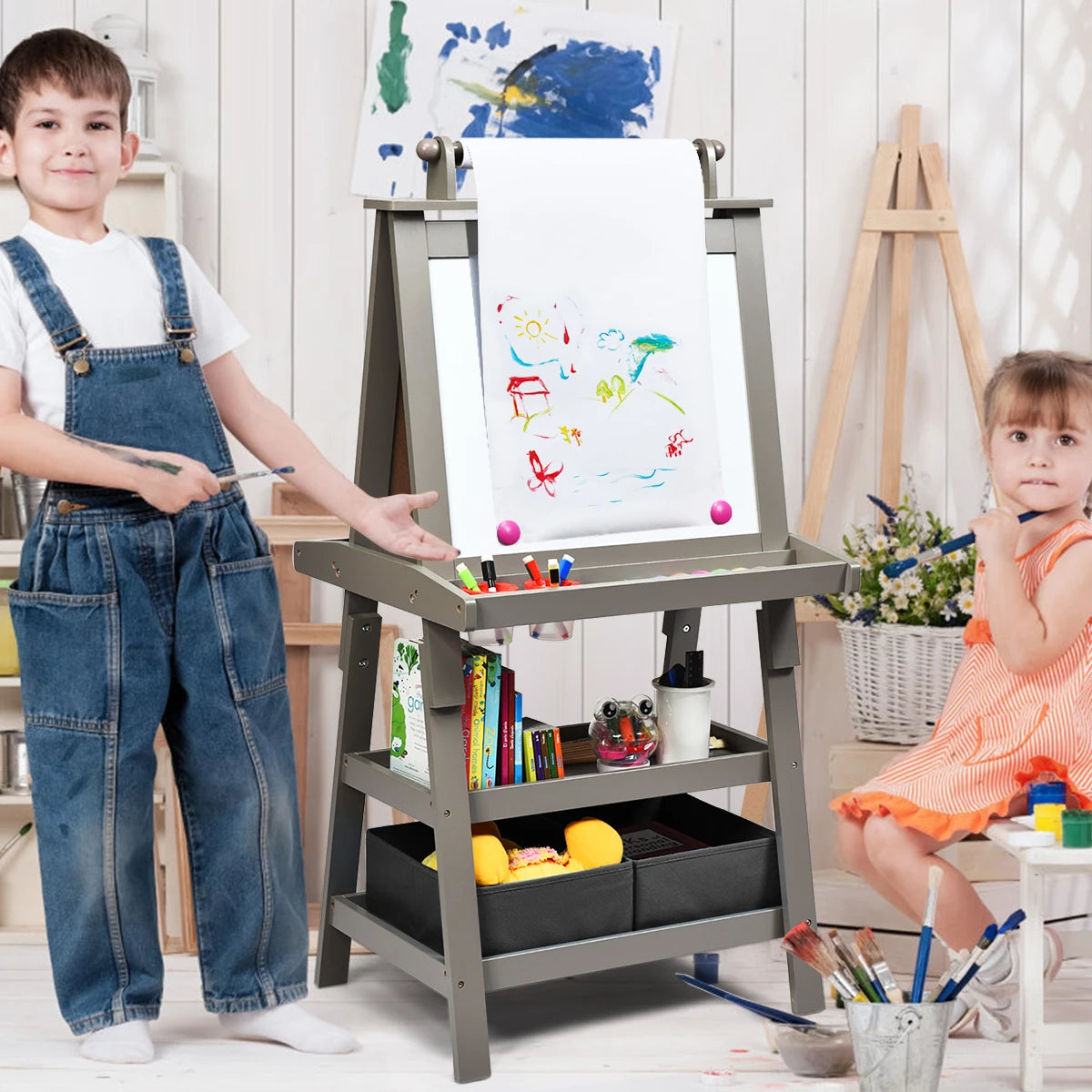 3 in 1 Double-Sided Storage Art Easel w/ Paint Cups for Kids Writing Earl Grey