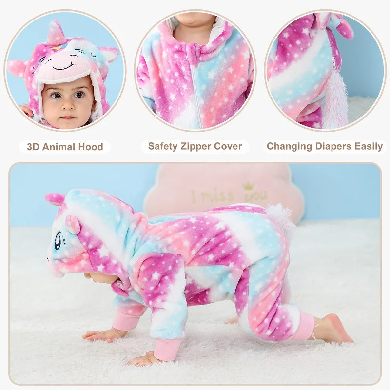 MICHLEY Baby Rompers Winter Clothes Costume Flannel Hooded Bodysuits Pajamas Halloween Animals Overall Jumpsuit For Kids Bebe