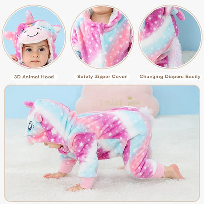 MICHLEY Baby Rompers Winter Clothes Costume Flannel Hooded Bodysuits Pajamas Halloween Animals Overall Jumpsuit For Kids Bebe