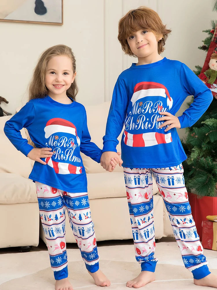 Blue Christmas Family Matching Pajamas Set Mother Father Kids christmas hat Print Clothes Baby Rompers Family Look Xmas Gift