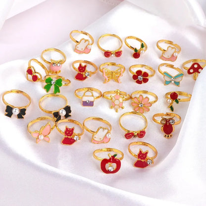 Cute Adjustable Rings for Children Girls Pretend Play Makeup Toys Cartoon Crystal Jewelry Alloy Animal Enamel Ring Gift for Girl