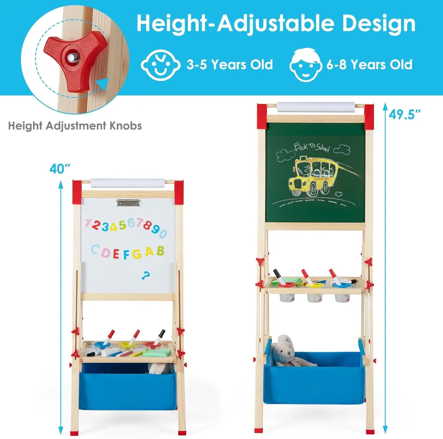 Easel for Kids, All in 1 Double Sided Wooden Art Easel w/Magnetic Chalkboard, Whiteboard, Paper Roll, Storage Tray & Bag