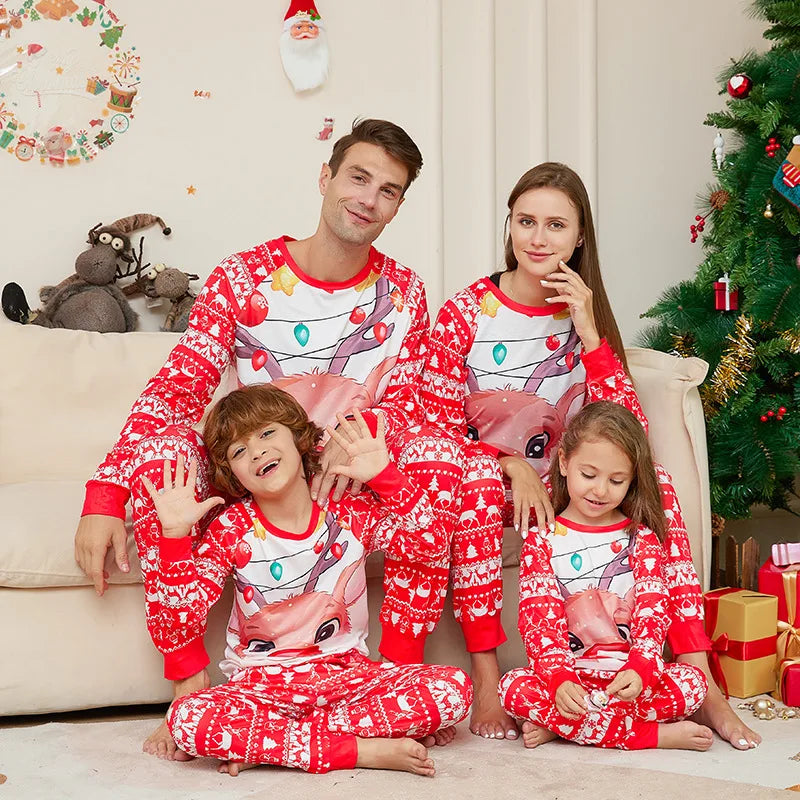 Family Xmas Pajamas Matching Set 2024 New Year Fashion Red Cartoon Christmas Deer Print Adult Kids Pj's Baby Romper Dog Clothes