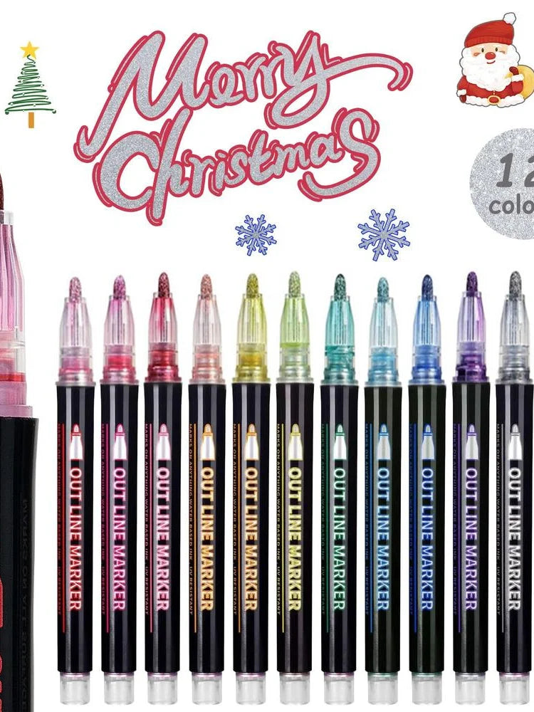 12 Colors Metallic Double Line Glitter Pens Set Christmas Gift Cool Fun Fancy Self Sparkly Supplies Art Craft Girl