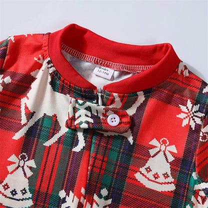 Christmas Family Matching Pajamas Baby Romper Reindeer Snowflake Plaid Print Long Sleeve Tops Long Pants Sleepwear Set