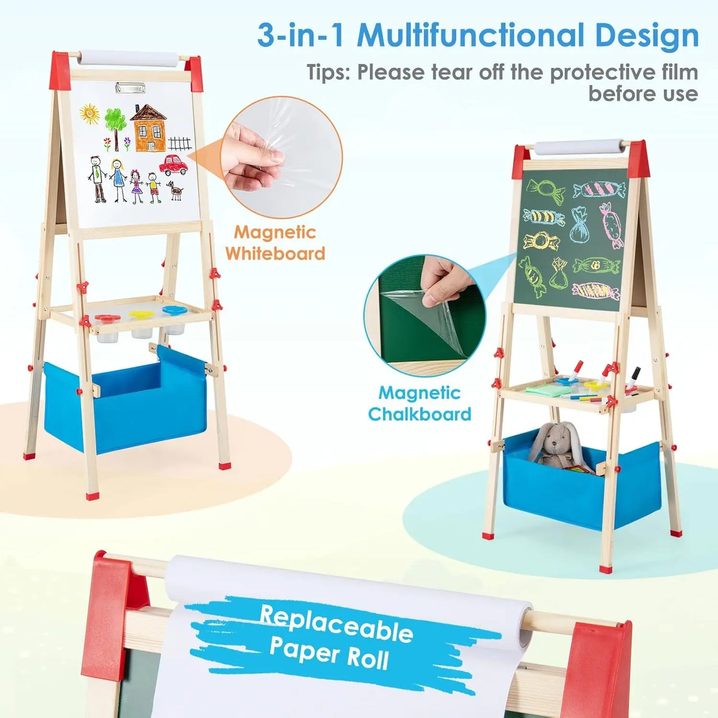 Easel for Kids, All in 1 Double Sided Wooden Art Easel w/Magnetic Chalkboard, Whiteboard, Paper Roll, Storage Tray & Bag