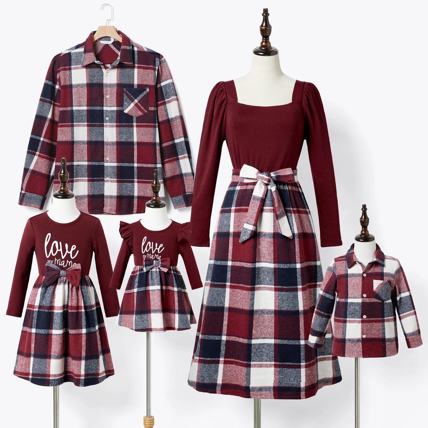 PatPat Family Matching Casual Long Sleeve Plaid Design Shirts and Knit Splicing Belted Dresses Sets