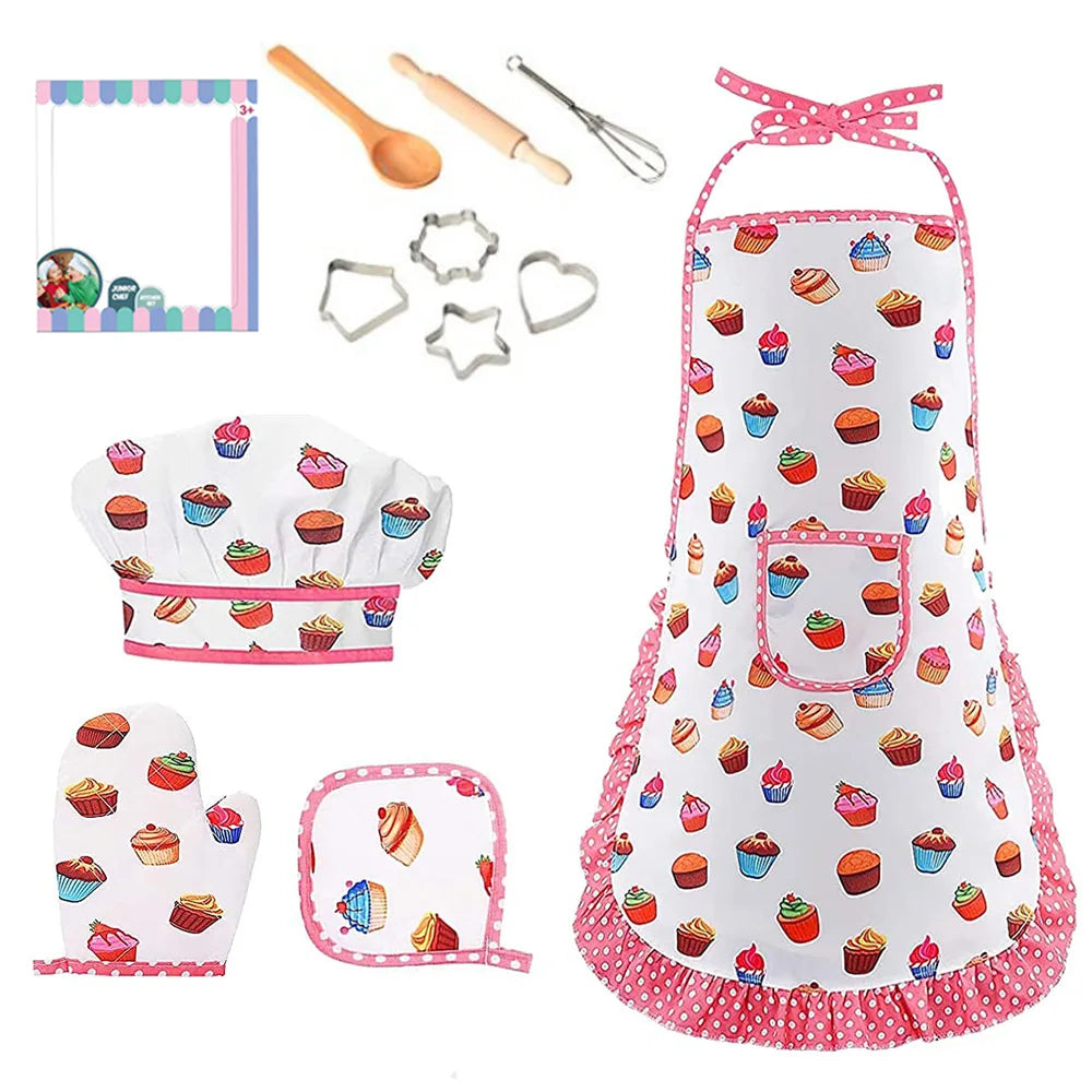 Apron for Little Girls 4/11Pcs Kids Kitchen Cooking Baking Pretend Play Set Simulation Pink Chef Baking Tool Play House Toys