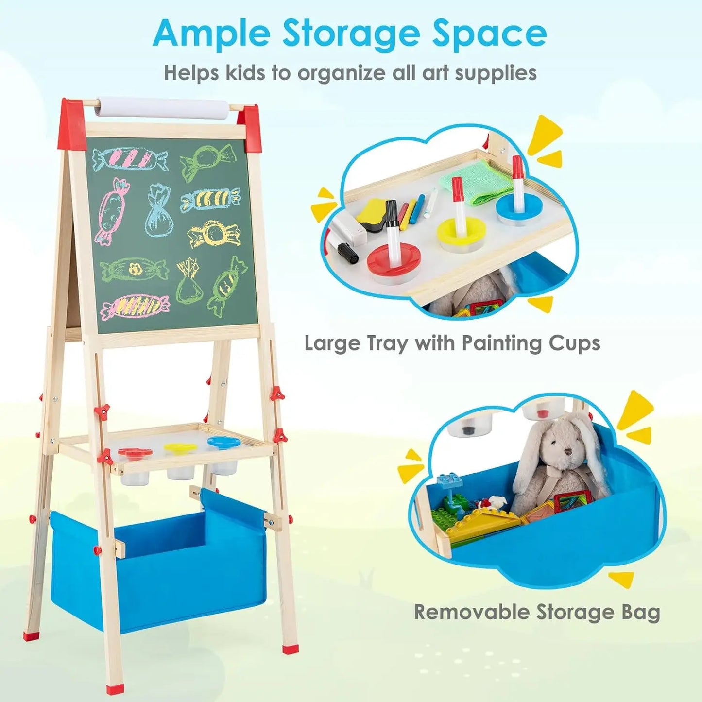 Easel for Kids, All in 1 Double Sided Wooden Art Easel w/Magnetic Chalkboard, Whiteboard, Paper Roll, Storage Tray & Bag