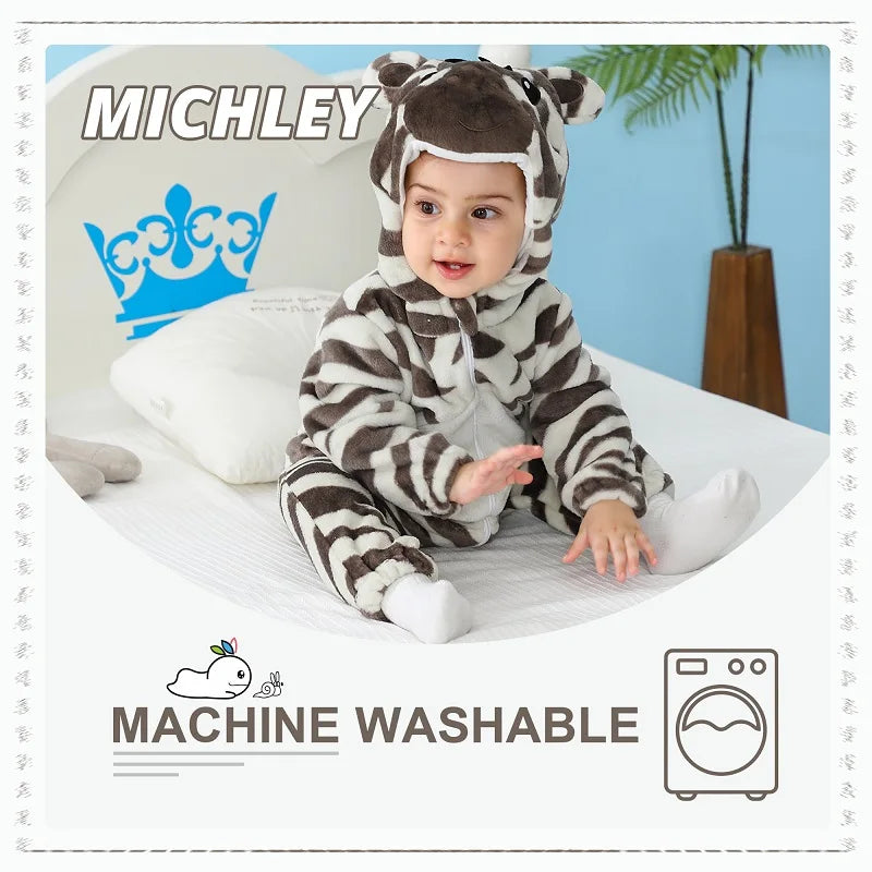 MICHLEY Baby Rompers Winter Clothes Costume Flannel Hooded Bodysuits Pajamas Halloween Animals Overall Jumpsuit For Kids Bebe