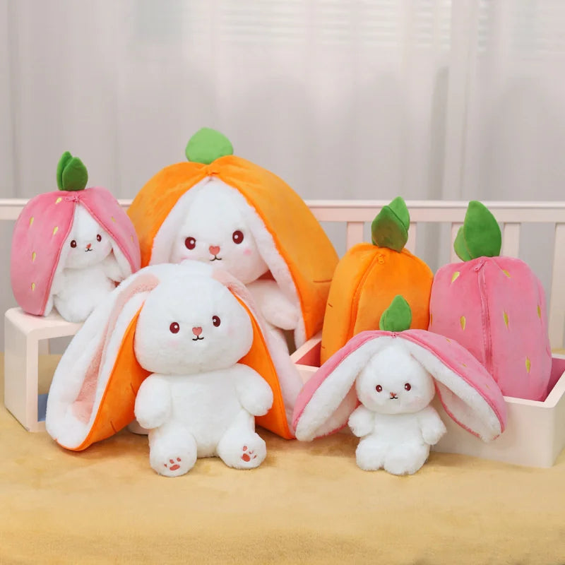 18/25cm Kawaii Fruit Transfigured Bunny Toys Lovely Long Ears Carrot Strawberry Turn Into Rabbit Stuffed Doll Toy For Kids Gift