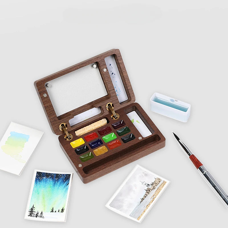 Empty Portable Watercolor Palette Set Walnut Magnetic Paint Box Travel Painting Sketching Portable Paint Tray Art Supplies