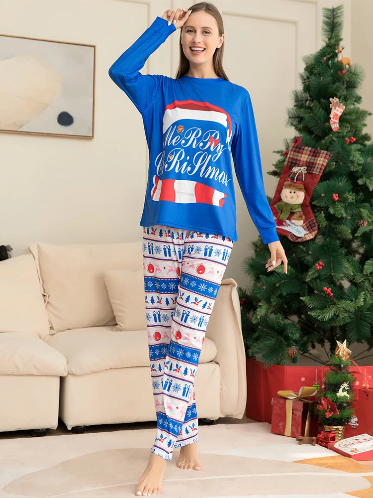 Blue Christmas Family Matching Pajamas Set Mother Father Kids christmas hat Print Clothes Baby Rompers Family Look Xmas Gift