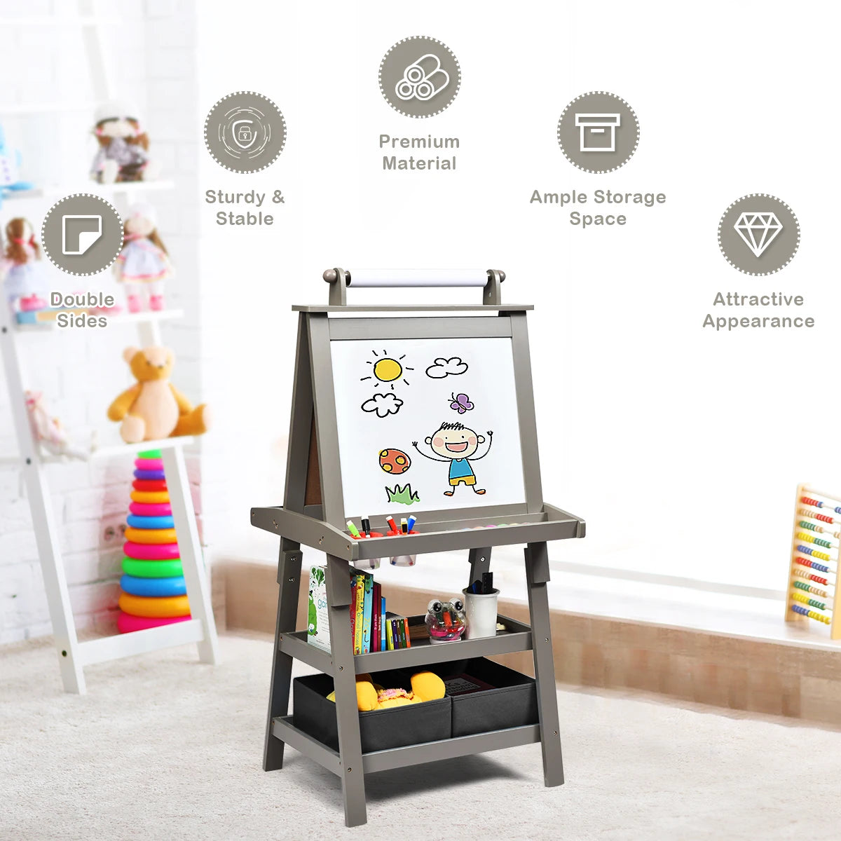 3 in 1 Double-Sided Storage Art Easel w/ Paint Cups for Kids Writing Earl Grey