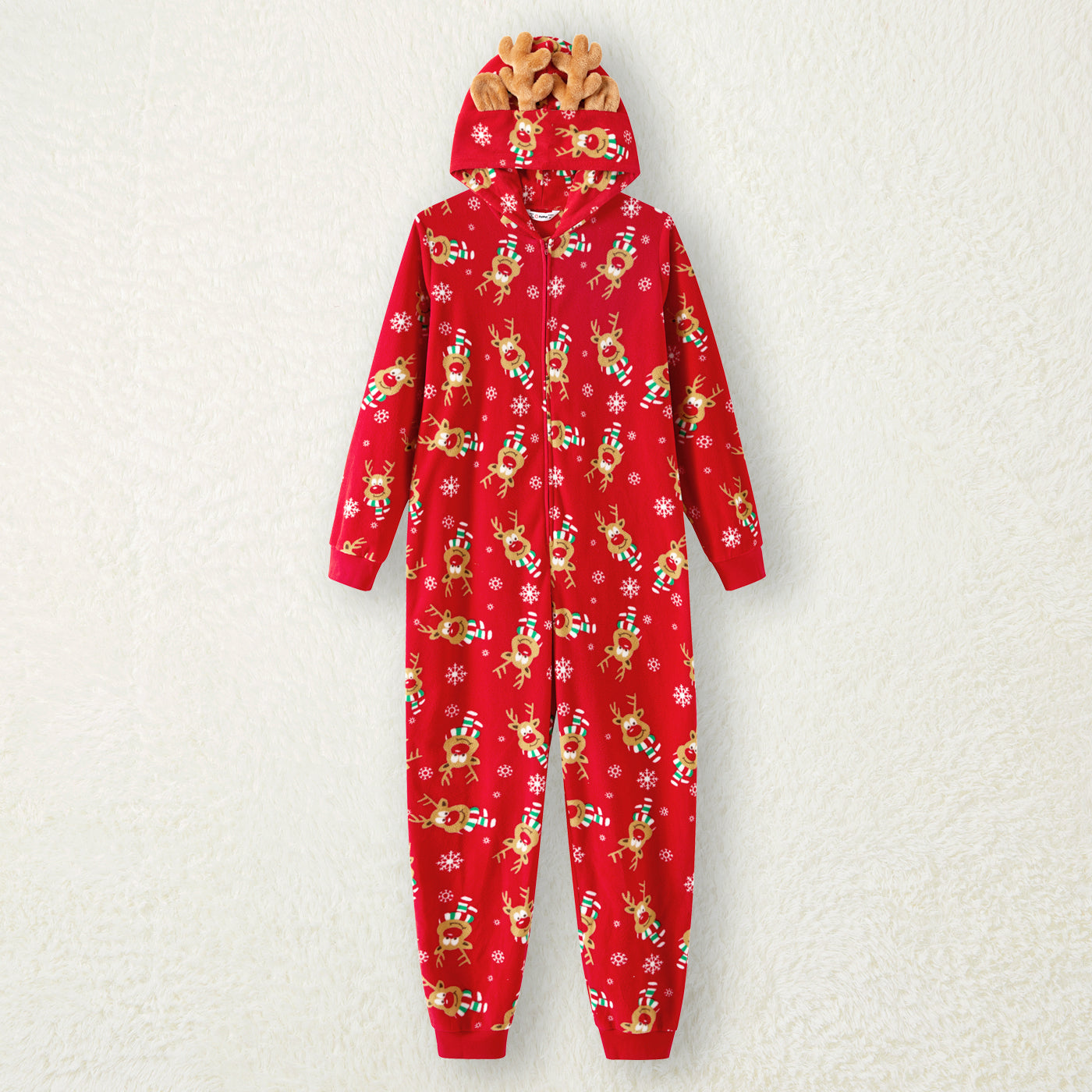 PatPat Christmas Family Matching Allover Deer Print 3D Antler Hooded Long-sleeve Red Thickened Polar Fleece Onesies Pajamas