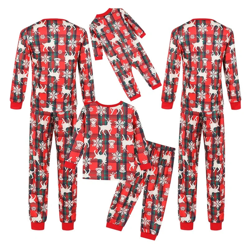 Christmas Family Matching Pajamas Baby Romper Reindeer Snowflake Plaid Print Long Sleeve Tops Long Pants Sleepwear Set