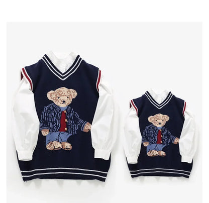 2024 Family Matching Sweater For Kids Autumn Parent-Child Vest Bear Knit Top Knitted Dad Mom And Son Daughter Sweaters Cardigan