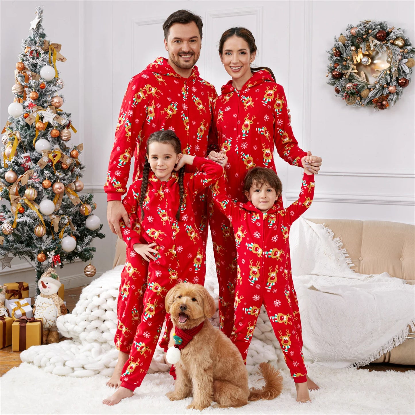 PatPat Christmas Family Matching Allover Deer Print 3D Antler Hooded Long-sleeve Red Thickened Polar Fleece Onesies Pajamas