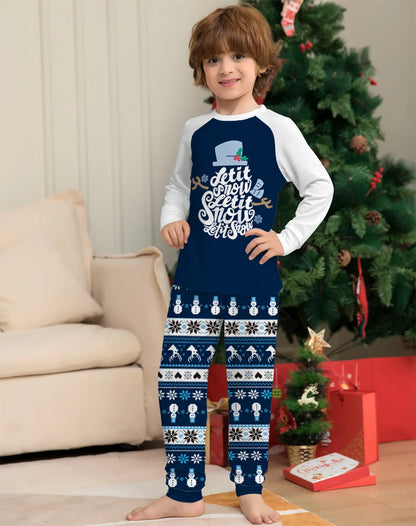 New blue cartoon letter printing family Christmas set European and American family holiday home wear pajamas