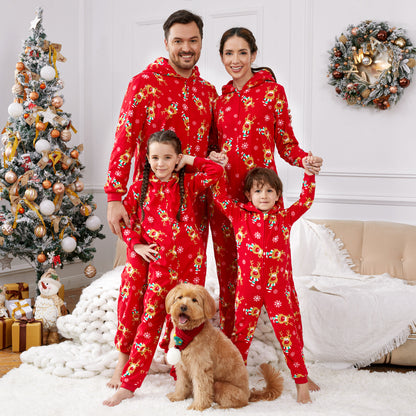 PatPat Christmas Family Matching Allover Deer Print 3D Antler Hooded Long-sleeve Red Thickened Polar Fleece Onesies Pajamas