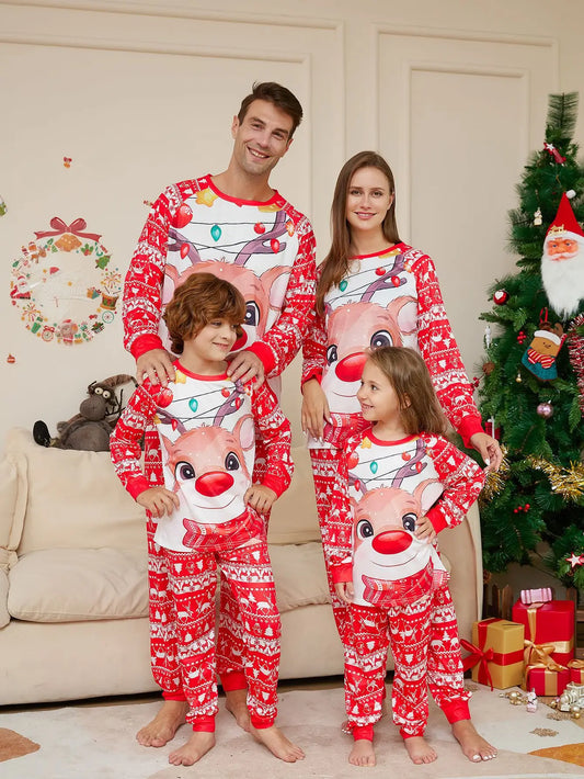 Family Xmas Pajamas Matching Set 2024 New Year Fashion Red Cartoon Christmas Deer Print Adult Kids Pj's Baby Romper Dog Clothes