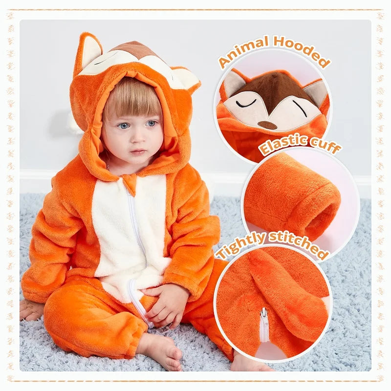 MICHLEY Baby Rompers Winter Clothes Costume Flannel Hooded Bodysuits Pajamas Halloween Animals Overall Jumpsuit For Kids Bebe