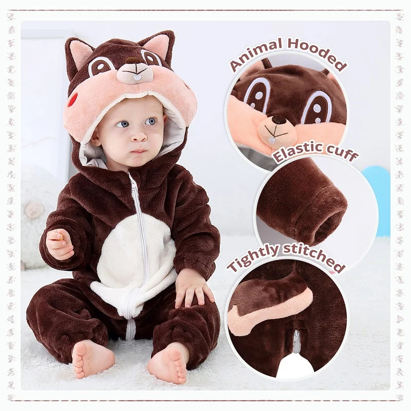 MICHLEY Baby Rompers Winter Clothes Costume Flannel Hooded Bodysuits Pajamas Halloween Animals Overall Jumpsuit For Kids Bebe