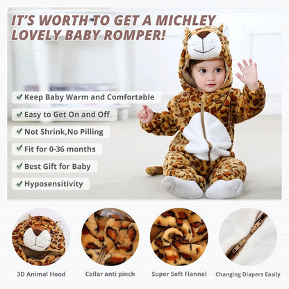 MICHLEY Baby Rompers Winter Clothes Costume Flannel Hooded Bodysuits Pajamas Halloween Animals Overall Jumpsuit For Kids Bebe