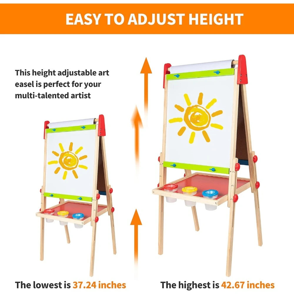 All-in-One Wooden Kid's Art Easel with Paper Roll and Accessories Cream, L: 18.9, W: 15.9, H: 41.8 inch