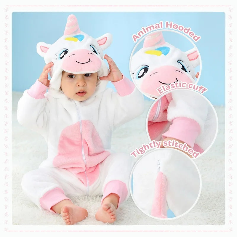 MICHLEY Baby Rompers Winter Clothes Costume Flannel Hooded Bodysuits Pajamas Halloween Animals Overall Jumpsuit For Kids Bebe