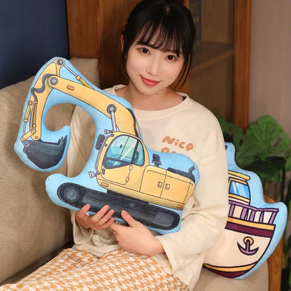 Cartoon Police Car Fire Truck Excavator Plush Toys Stuffed Doll Hug Pillows Chair Cushion Kids Children Boys Gifts Room Decor