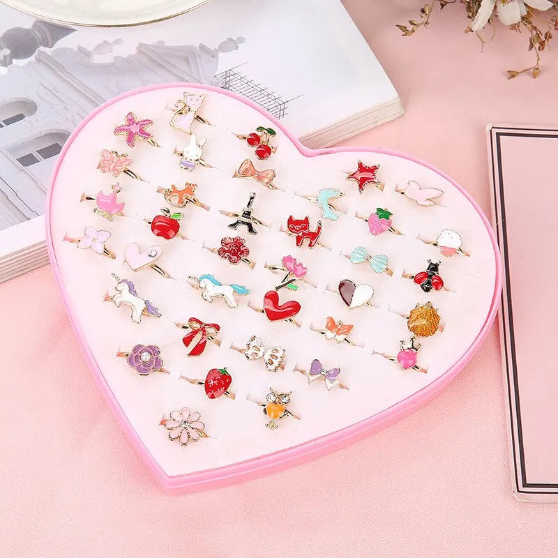 Cute Adjustable Rings for Children Girls Pretend Play Makeup Toys Cartoon Crystal Jewelry Alloy Animal Enamel Ring Gift for Girl