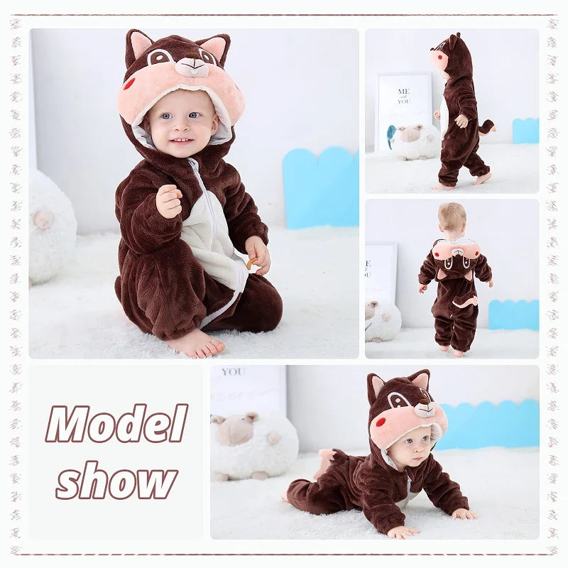 MICHLEY Baby Rompers Winter Clothes Costume Flannel Hooded Bodysuits Pajamas Halloween Animals Overall Jumpsuit For Kids Bebe